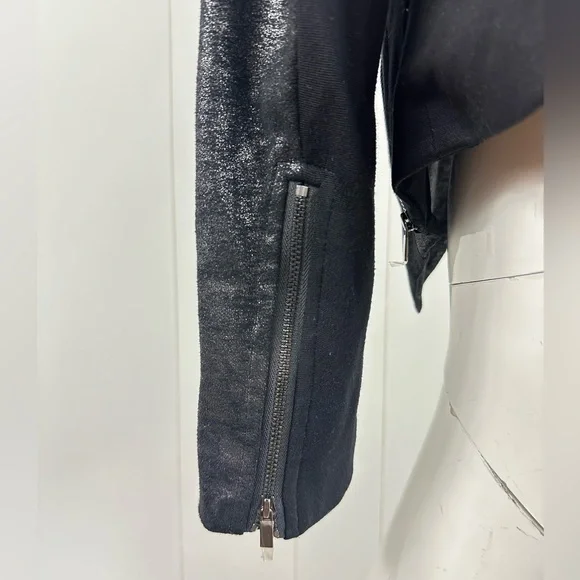 Cache Sz S Black Coated Drape Open Front Cardigan Sweater Side & Sleeve Zip - Picture 7 of 13